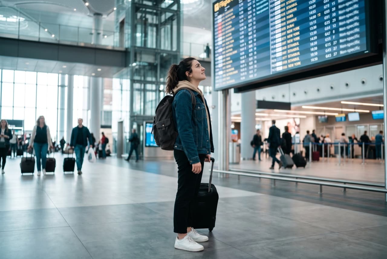 Student looking at a flight board at the airport — choosing a country to study abroad