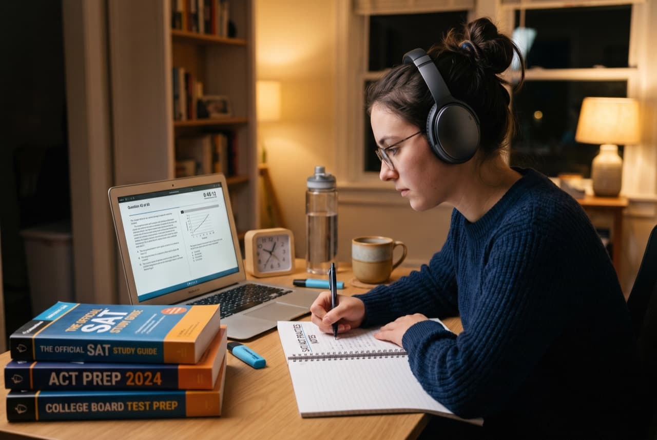 Student preparing for exams with headphones — TOEFL, IELTS, SAT