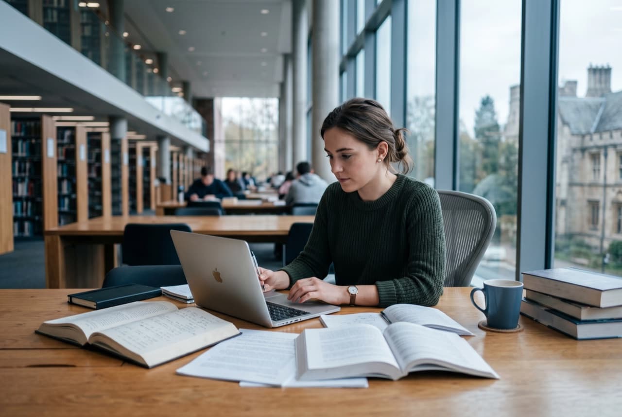 Graduate student working on a laptop in a university library